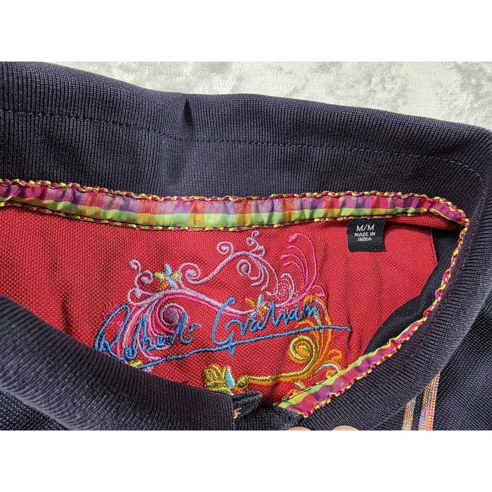 Robert Graham Polo Shirt Men's‎ Medium Navy Blue Side Embroidered Paisley Design - Picture 4 of 7